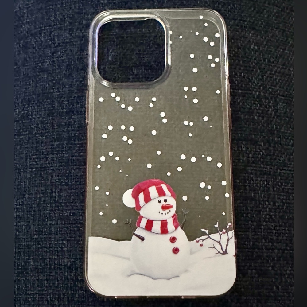 iPhone 13 Pro case, snowman snowflake design